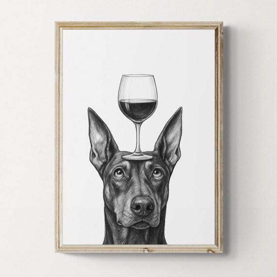 Dobermann Dog Art Print Funny And Wine Drawing Lover Wall Decor Lovers Gifts