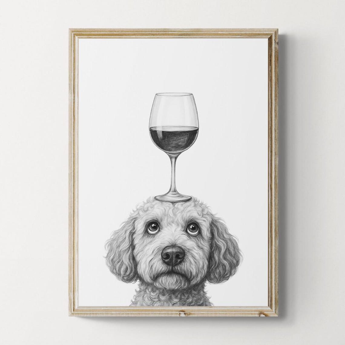 Labradoodle Balancing Red Wine Glass Cute Dog Sketch Decor Poster