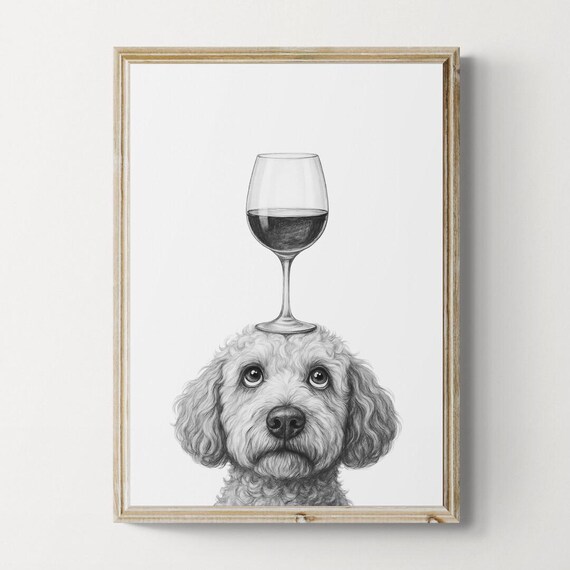 Labradoodle Dog Art Print Funny And Wine Drawing Lover Wall Decor Lovers Gifts