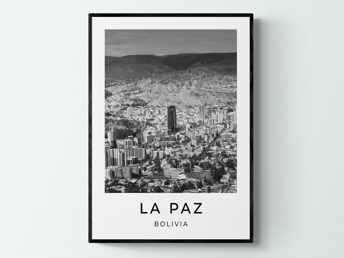 La Paz Bolivia Black White Mountain City Aerial Photo Travel Print