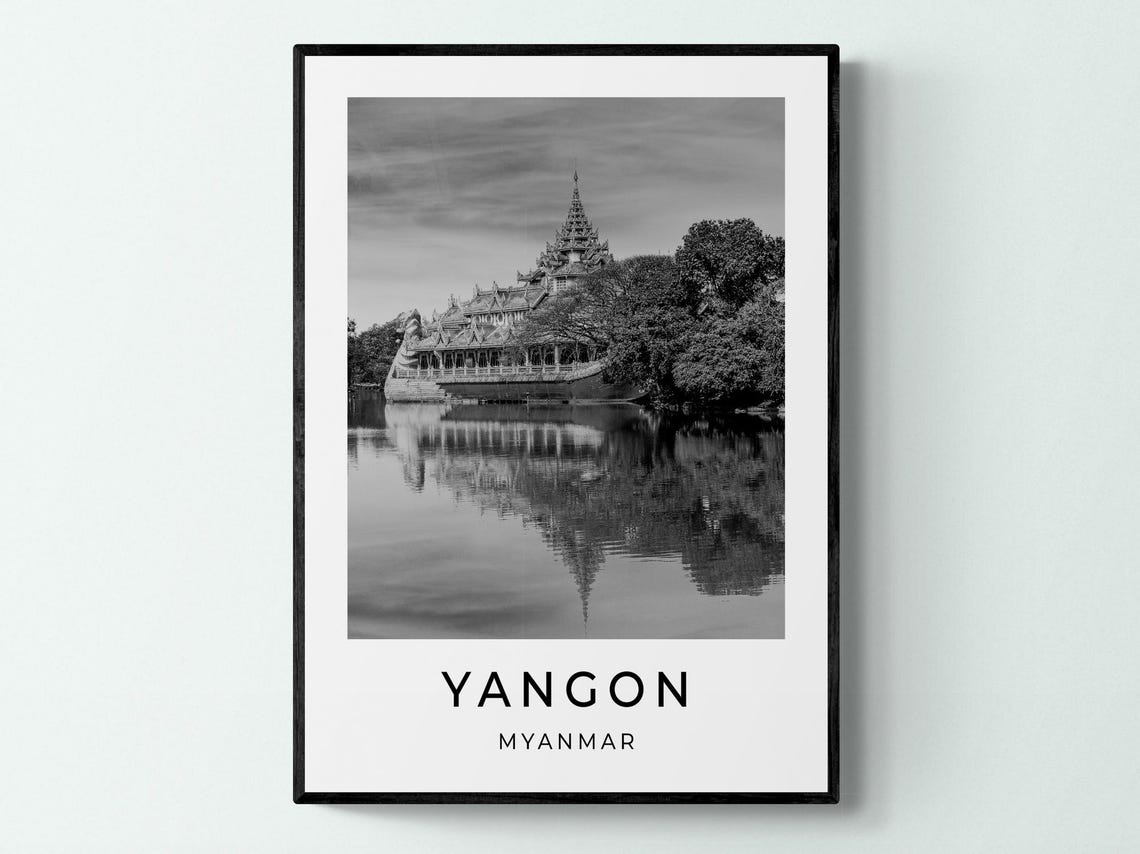 Yangon Myanmar Karaweik Palace Lake Reflection Black White Poster