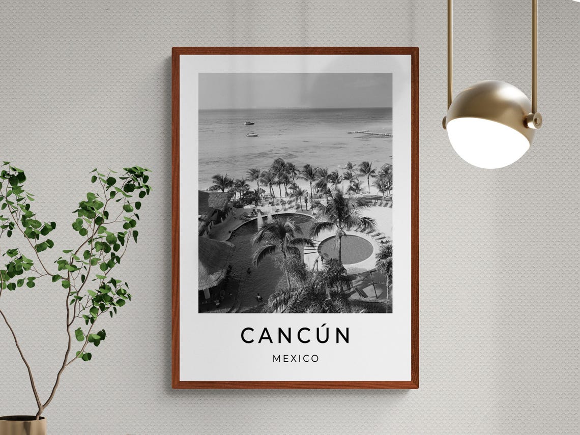 Cancun Mexico Beach Resort Pool Palm Trees Aerial Black White Poster - Image 3