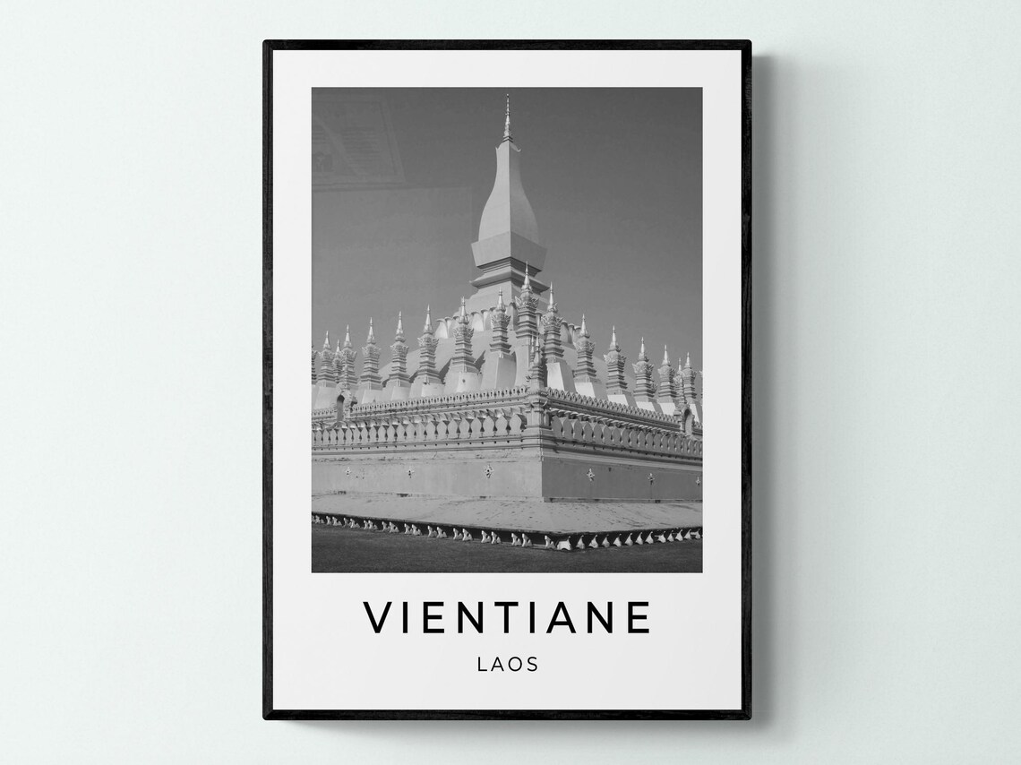 Vientiane Laos That Luang Stupa Black White Photography Travel Poster