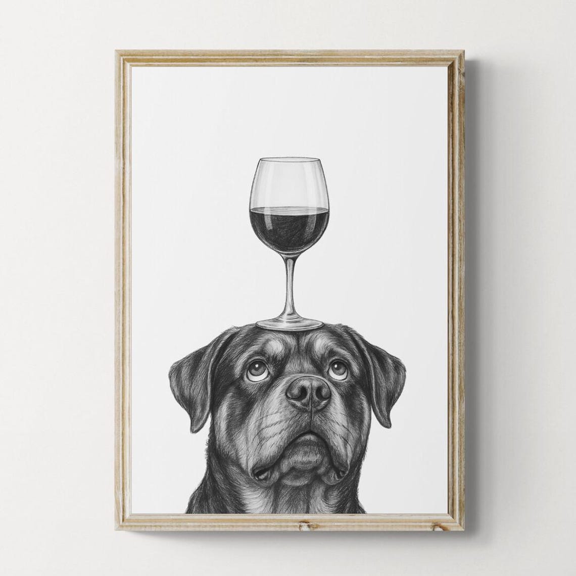 Rottweiler Balancing Wine Glass Playful Black White Art Poster