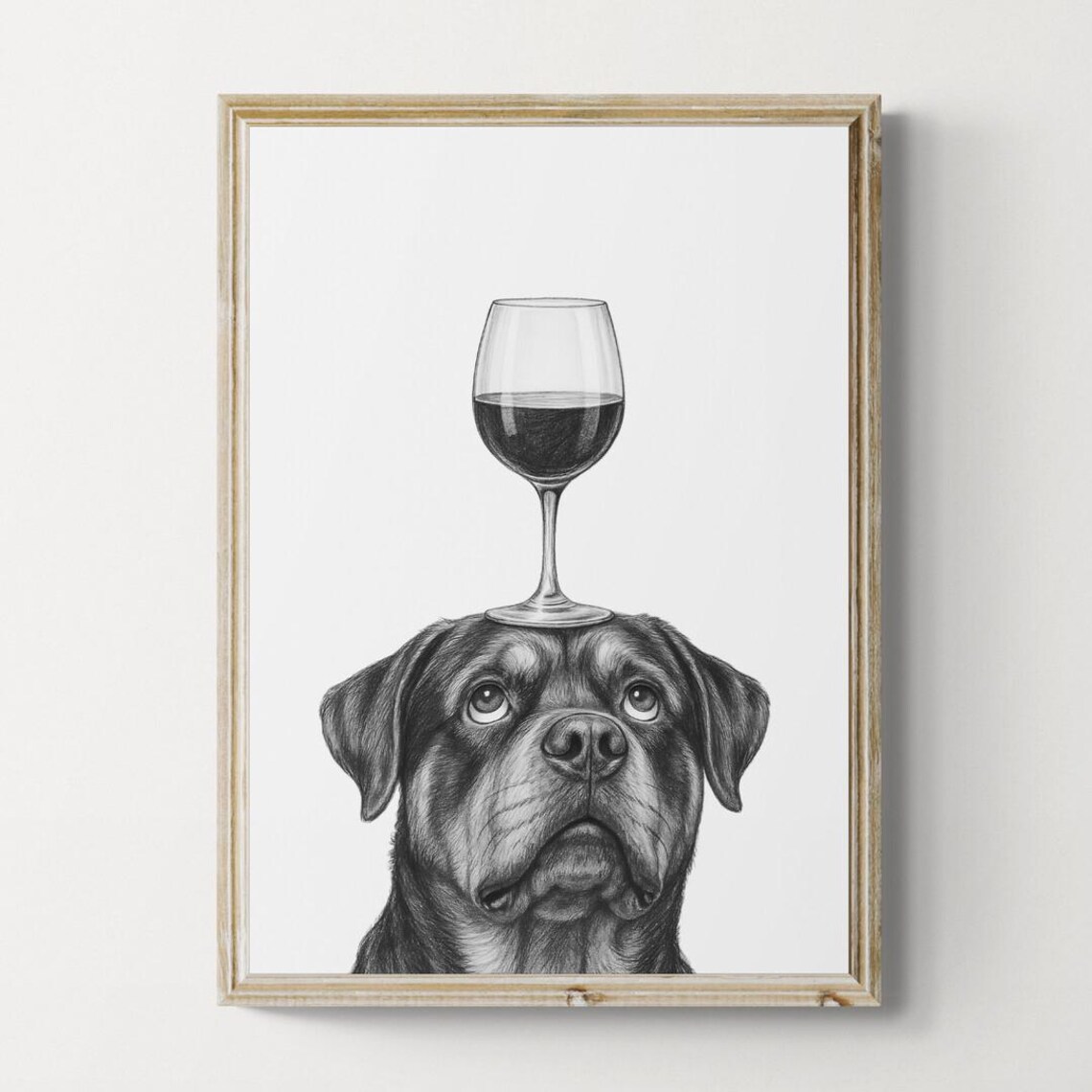 Rottweiler Dog Art Print Funny And Wine Drawing Lover Wall Decor Lovers Gifts