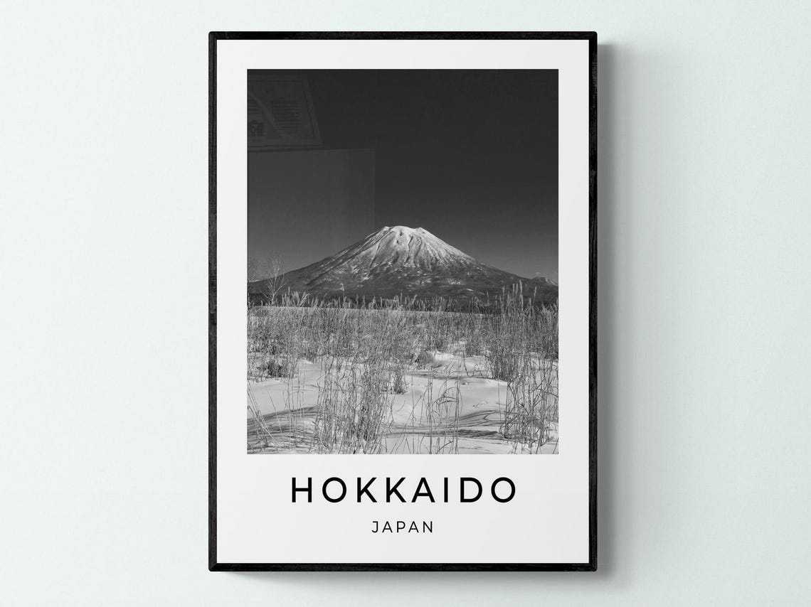 Hokkaido Japan Snow Capped Volcano Winter Landscape Black White Poster