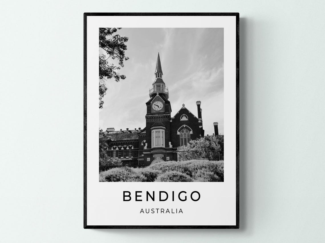 Bendigo Australia Historic Church Clock Tower Black and White Poster