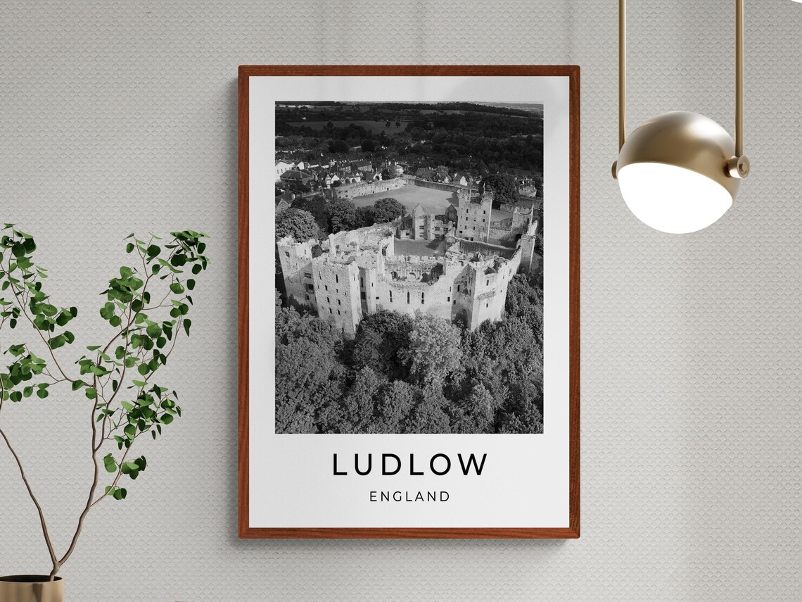 Ludlow England Castle Ruins Aerial View Historic Monochrome Poster - Image 3