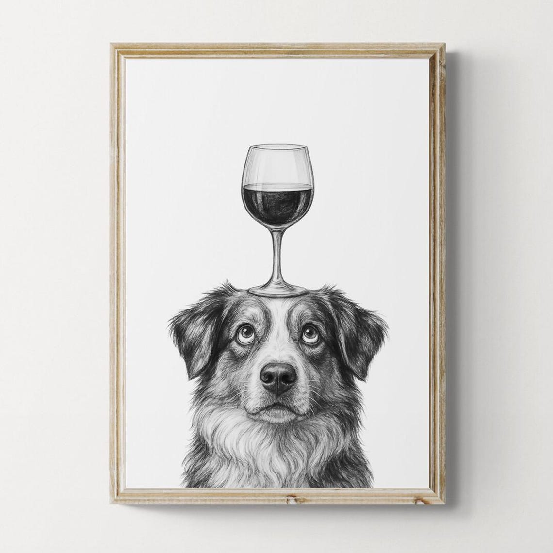 Australian Shepherd Balancing Red Wine Glass Pencil Sketch Poster