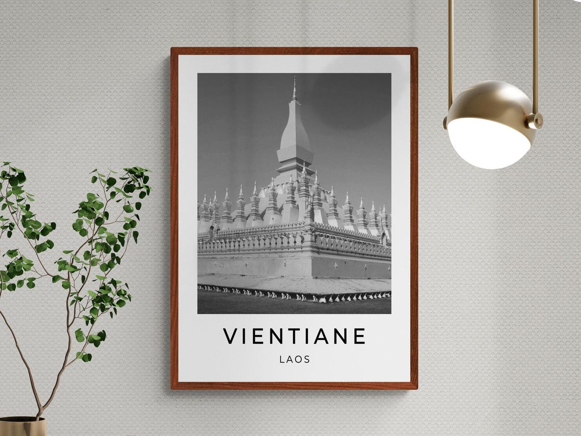 Vientiane Laos Pha That Luang Golden Stupa Black White Travel Poster - Image 3