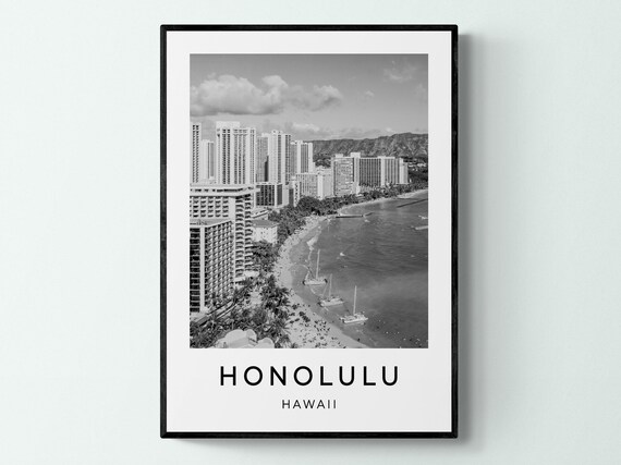Honolulu Print Hawaii Travel Poster Black And White Monochrome Print Travel Wall Art
