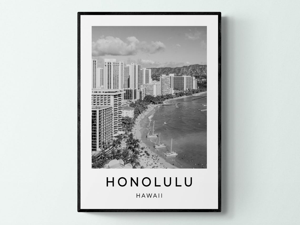 Honolulu Hawaii Waikiki Beach Skyline Black White Travel Poster