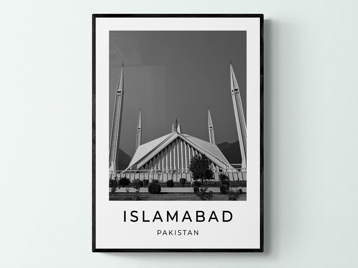 Islamabad Pakistan Faisal Mosque Tent Roof Minarets Black White Poster