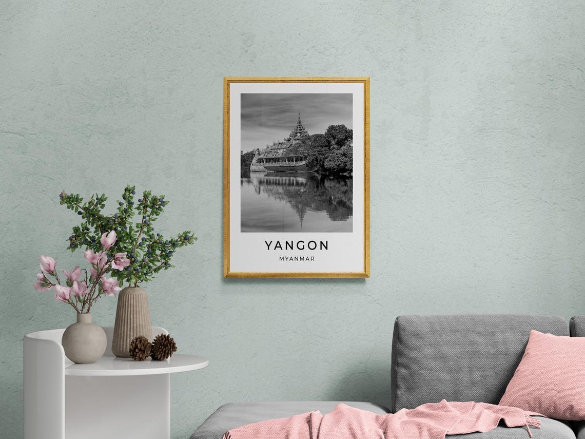 Yangon Myanmar Karaweik Palace Lake Reflection Black White Poster - Image 2