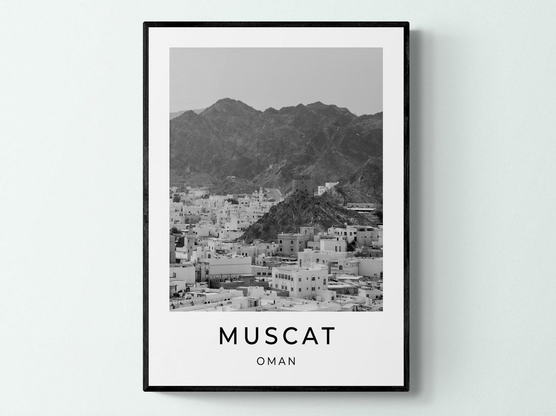 Muscat Oman White Old Town Mountain Backdrop Monochrome Travel Poster
