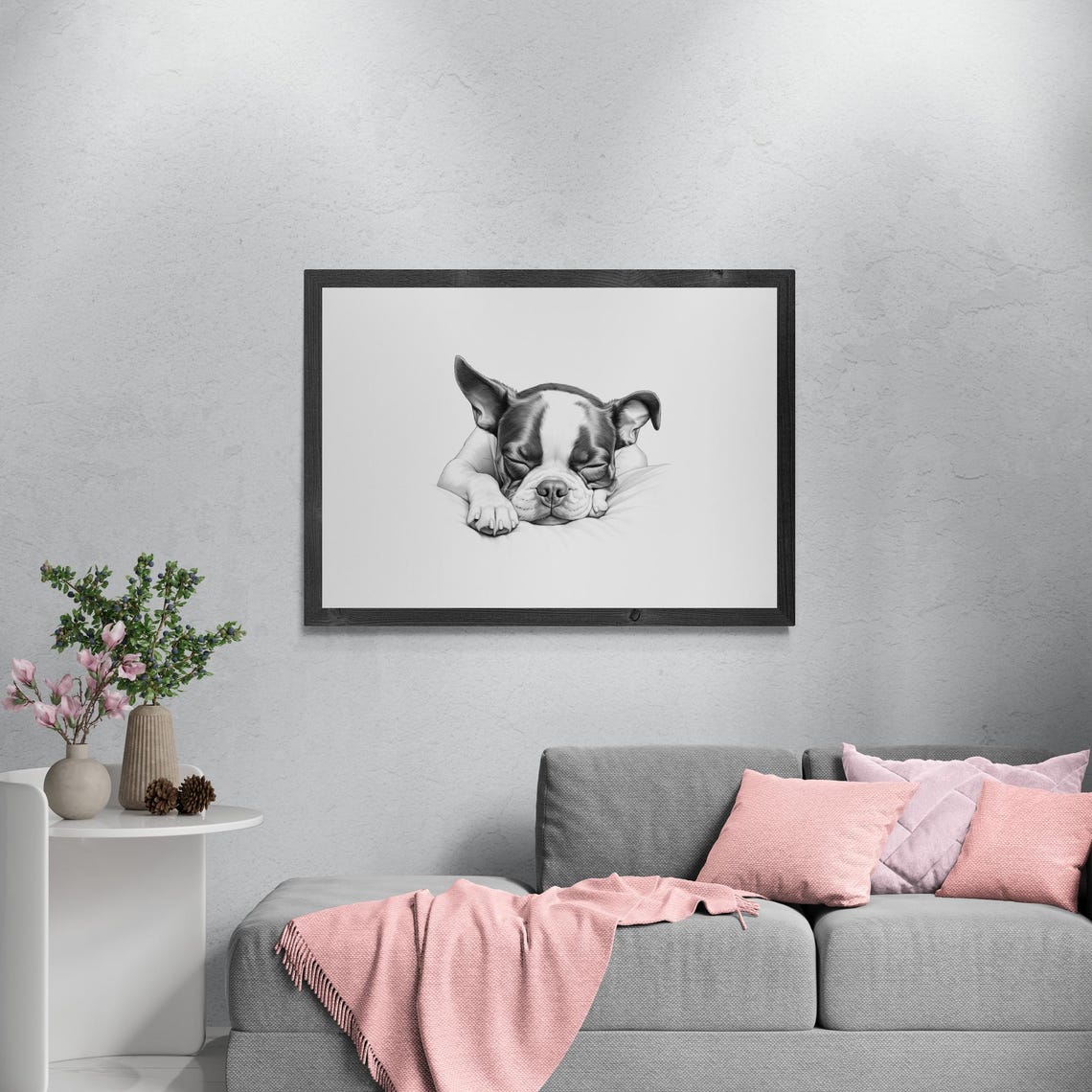 Boston Terrier Puppy Sleeping Vintage Pencil Sketch Dog Breed Wall Art - Image 3