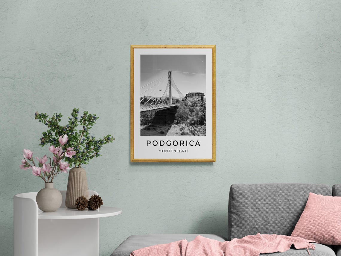 Podgorica Montenegro Millennium Bridge Cable Stayed Black White Poster - Image 2