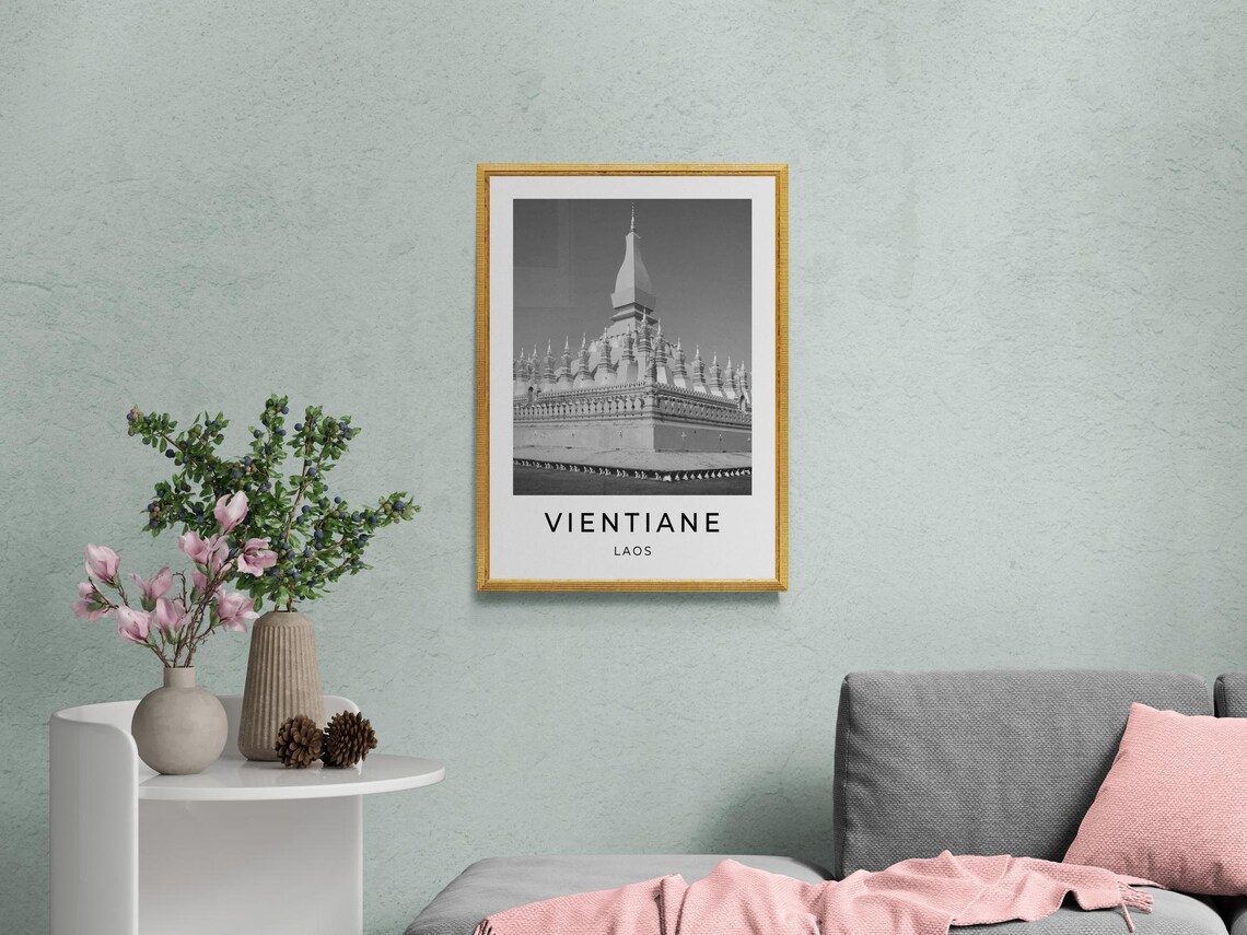 Vientiane Laos That Luang Stupa Black White Photography Travel Poster - Image 2