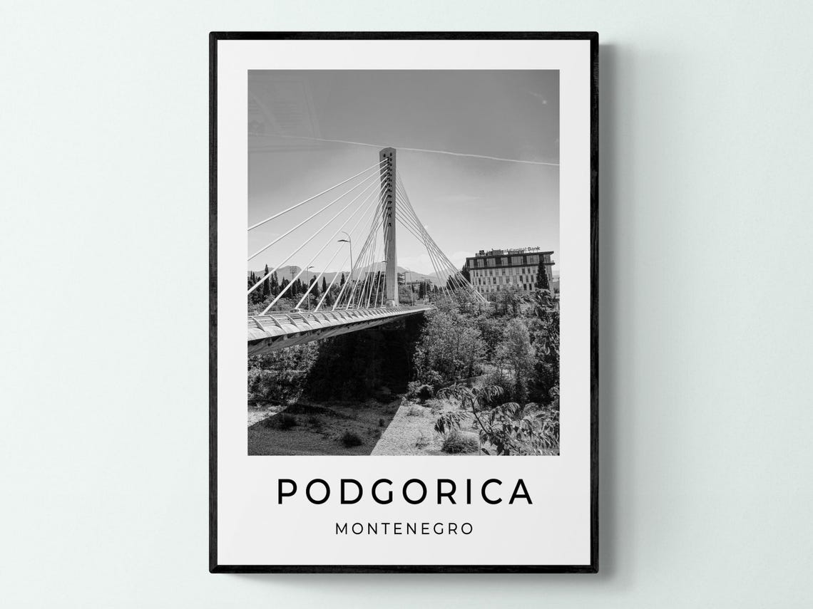 Podgorica Montenegro Millennium Bridge Black and White Travel Poster - Image 3