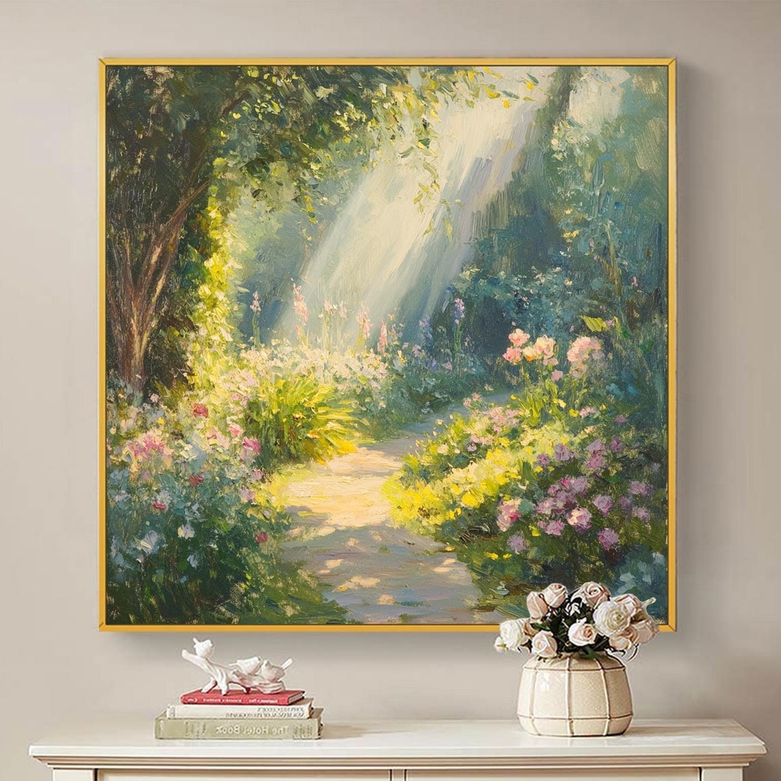 Sunlit Garden Path with Flowers and Light Rays Painting Poster - Image 6