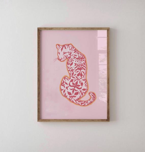 Pink Floral Leopard Silhouette Trendy Maximalist Aesthetic Poster