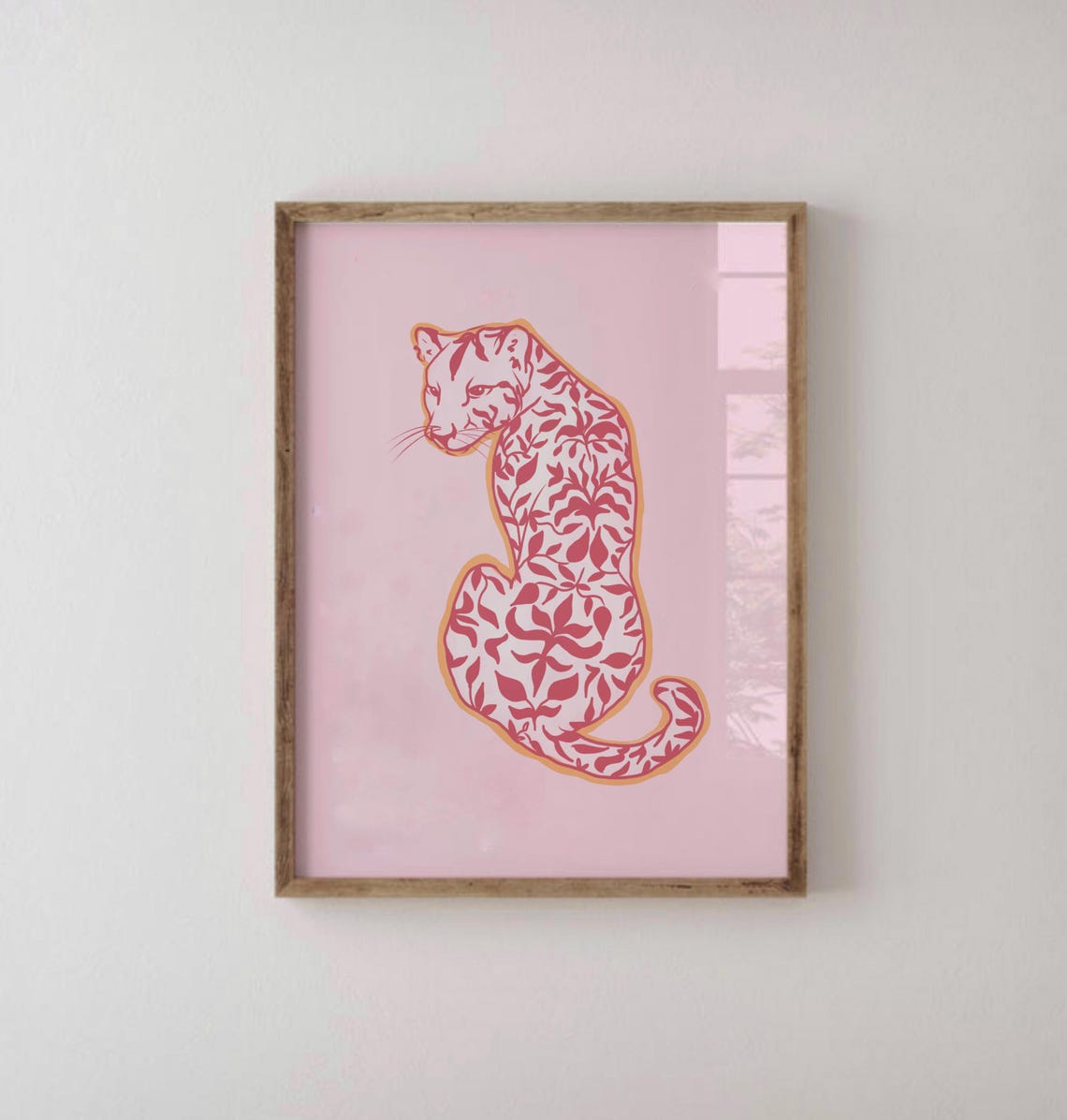 Pink Floral Leopard Silhouette Trendy Maximalist Aesthetic Poster