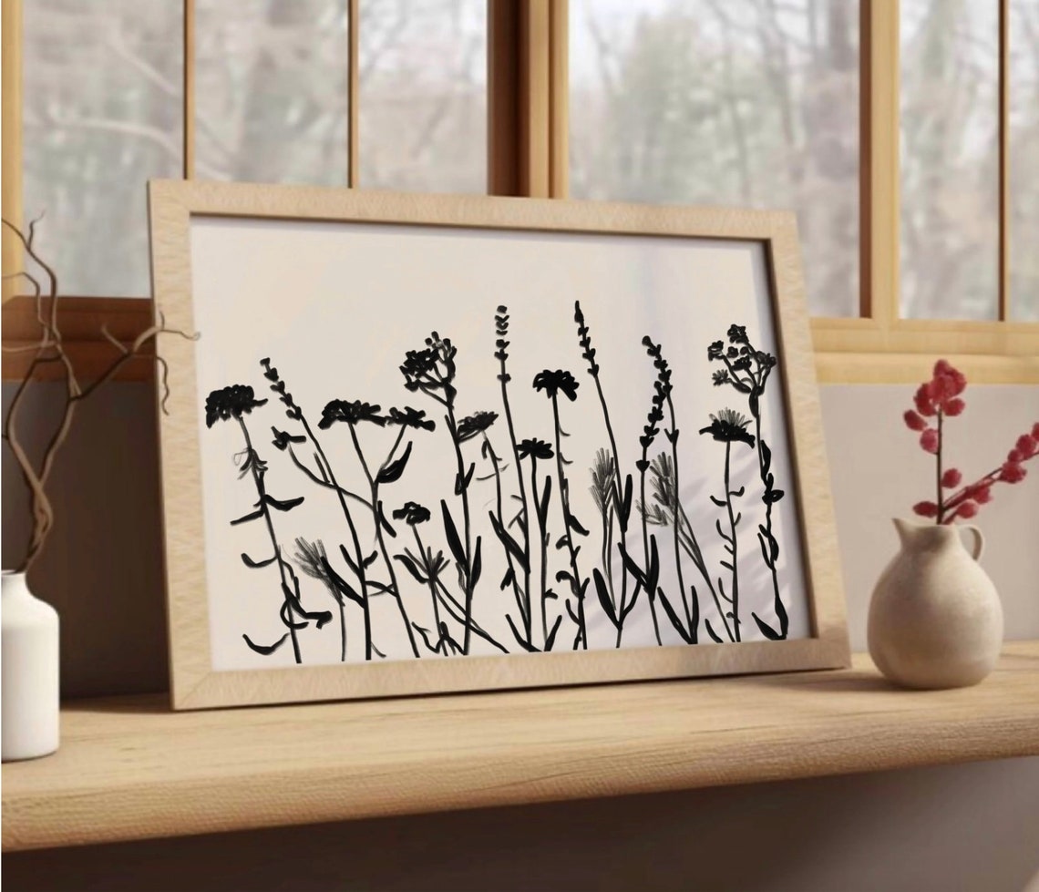 Black Wildflower Silhouette Minimalist Botanical Neutral Poster