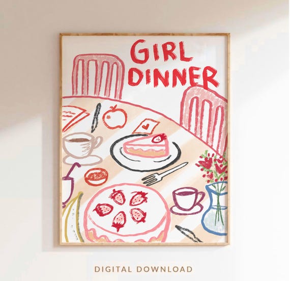 Hand Drawn Girl Dinner Print Retro Food Table Sketch Pink Cake Coffee Dining Room Illustration Kitchen Wall Art Trendy Poster Brunch