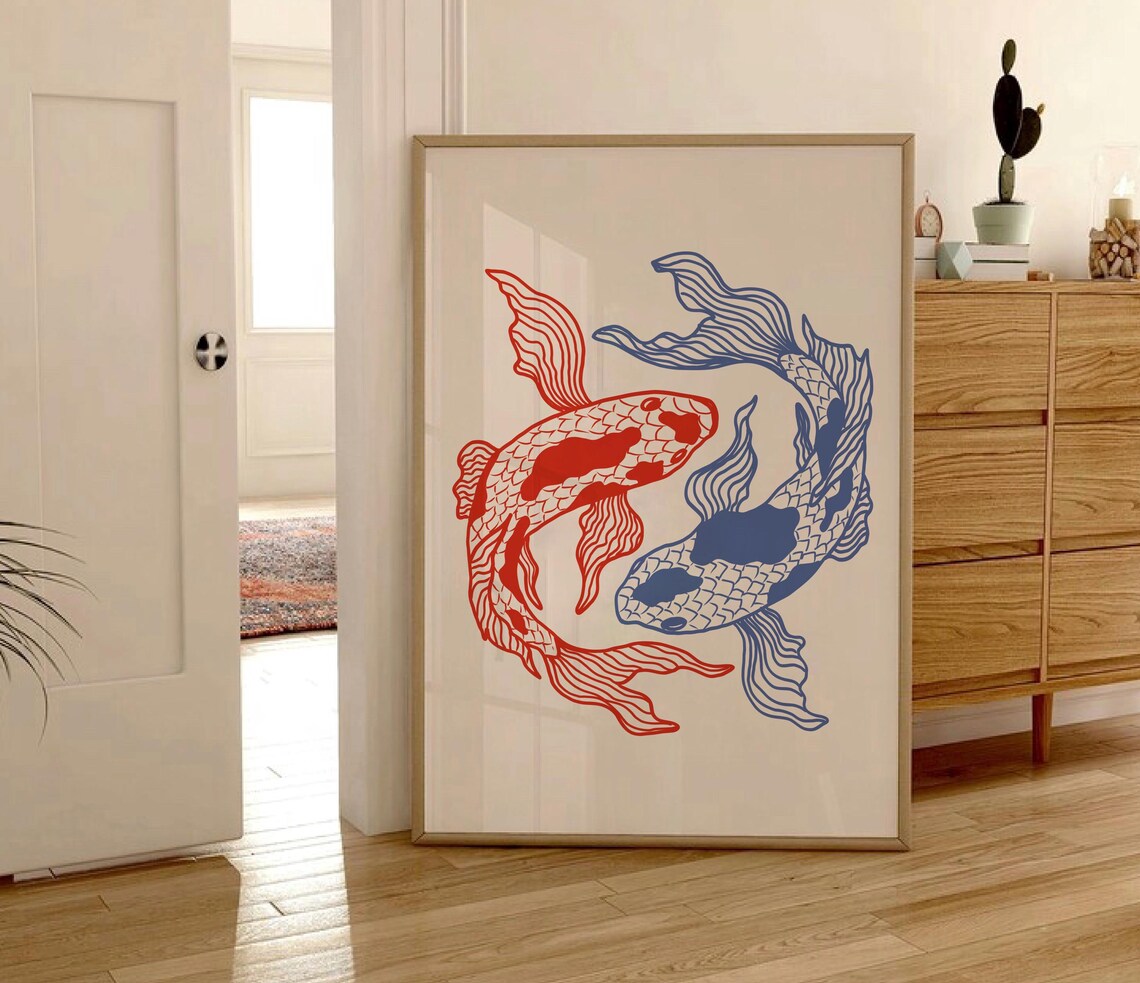 Red Blue Koi Fish Yin Yang Japanese Line Art Illustration Poster - Image 2