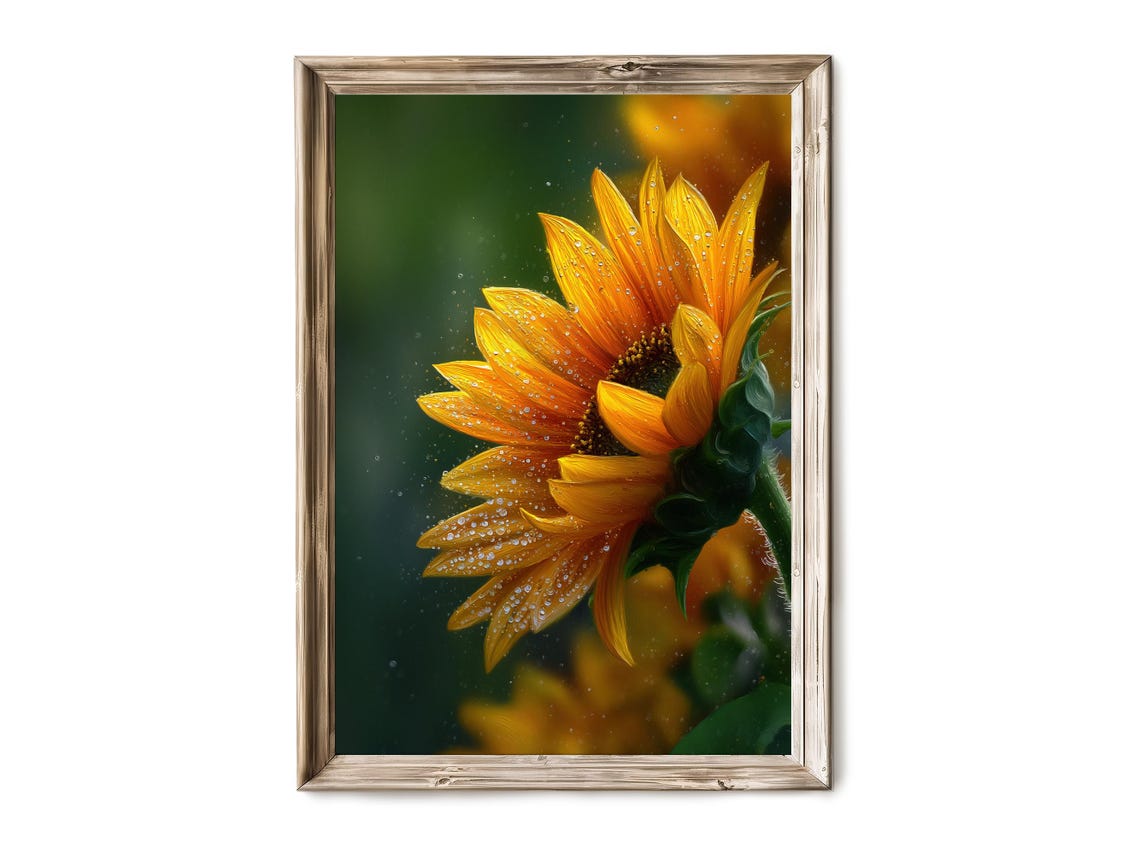 Sunflower Closeup Morning Dew Petals Dramatic Botanical Art Poster