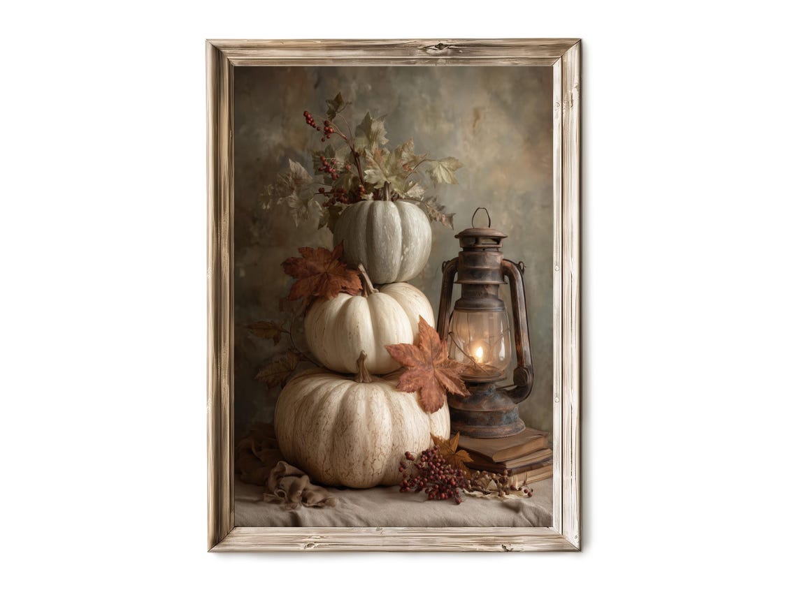 Stacked White Pumpkins Lantern Fall Harvest Still Life Poster