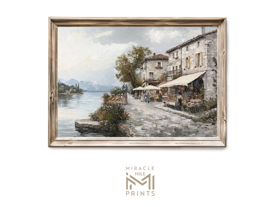 Lakeside Village Market Stone Houses European Waterfront Street Oil Wall Art
