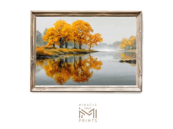 Fall Lake Reflection Wall Art Rustic Autumn Trees Landscape Moody Harvest Decor Vintage Artful Print H 495