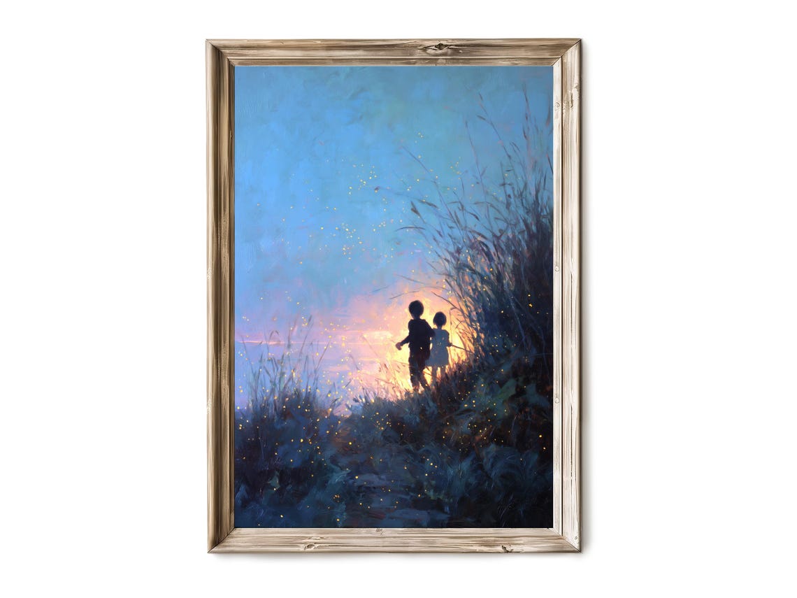 Children Silhouette Fireflies Sunset Hill Nostalgic Art Poster