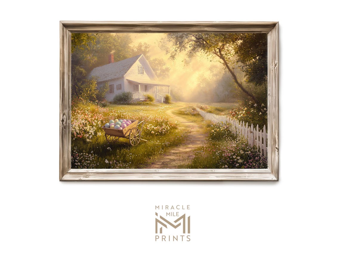Easter Farmhouse Spring Oil Painting Poster with Pastel Egg Cart