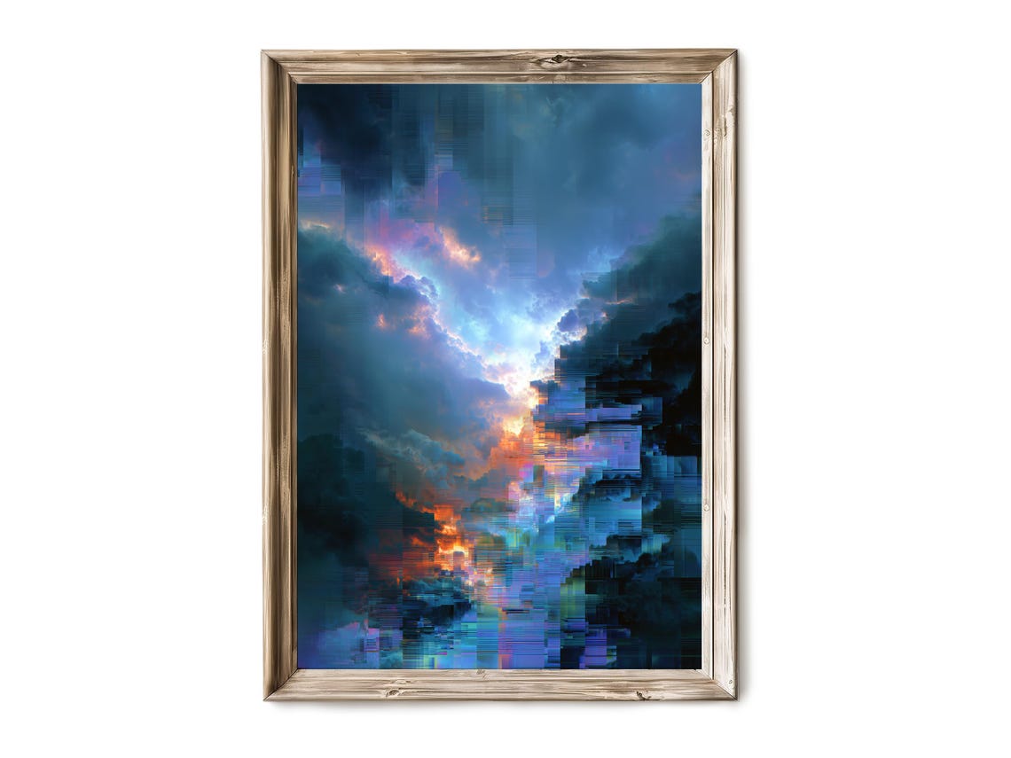 Glitch Digital Sunset Storm Clouds Blue Purple Abstract Wall Art