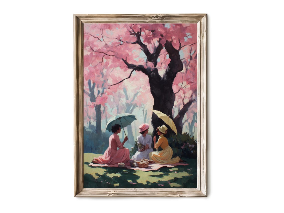 Women Picnic Under Cherry Blossom Trees Vintage Spring Art Poster
