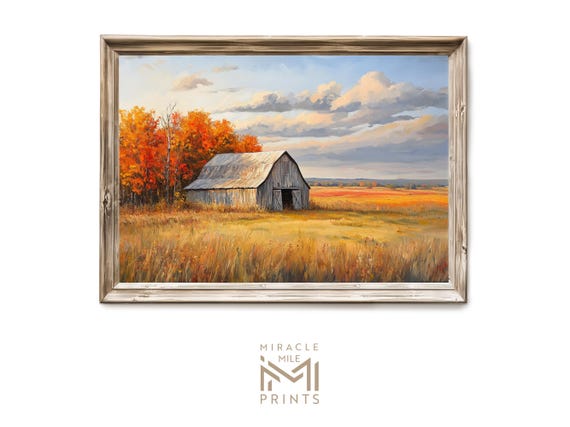 Fall Barn Landscape Wall Art Rustic Autumn Countryside Moody Decor Vintage Farmhouse Artful Print H 502