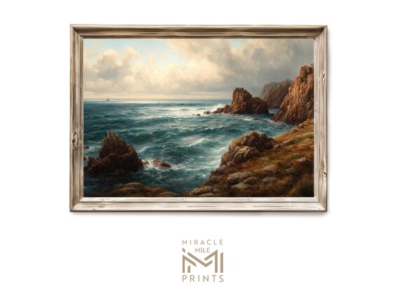 Rocky Coast Waves Moody Ocean Seascape Oil Painting Art Poster