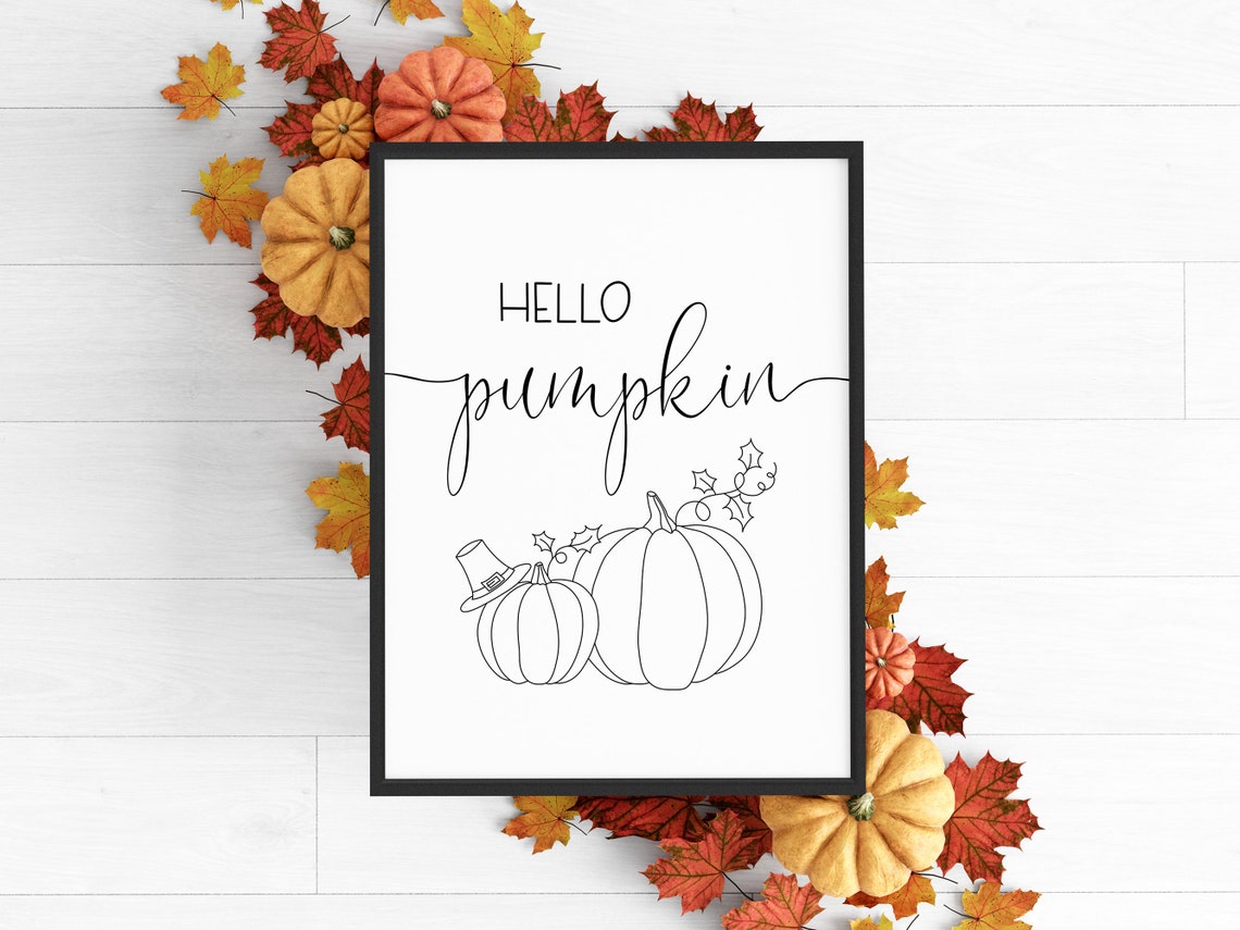 Hello Pumpkin Script with Line Art Pumpkins Rustic Fall Sign Print - Image 4