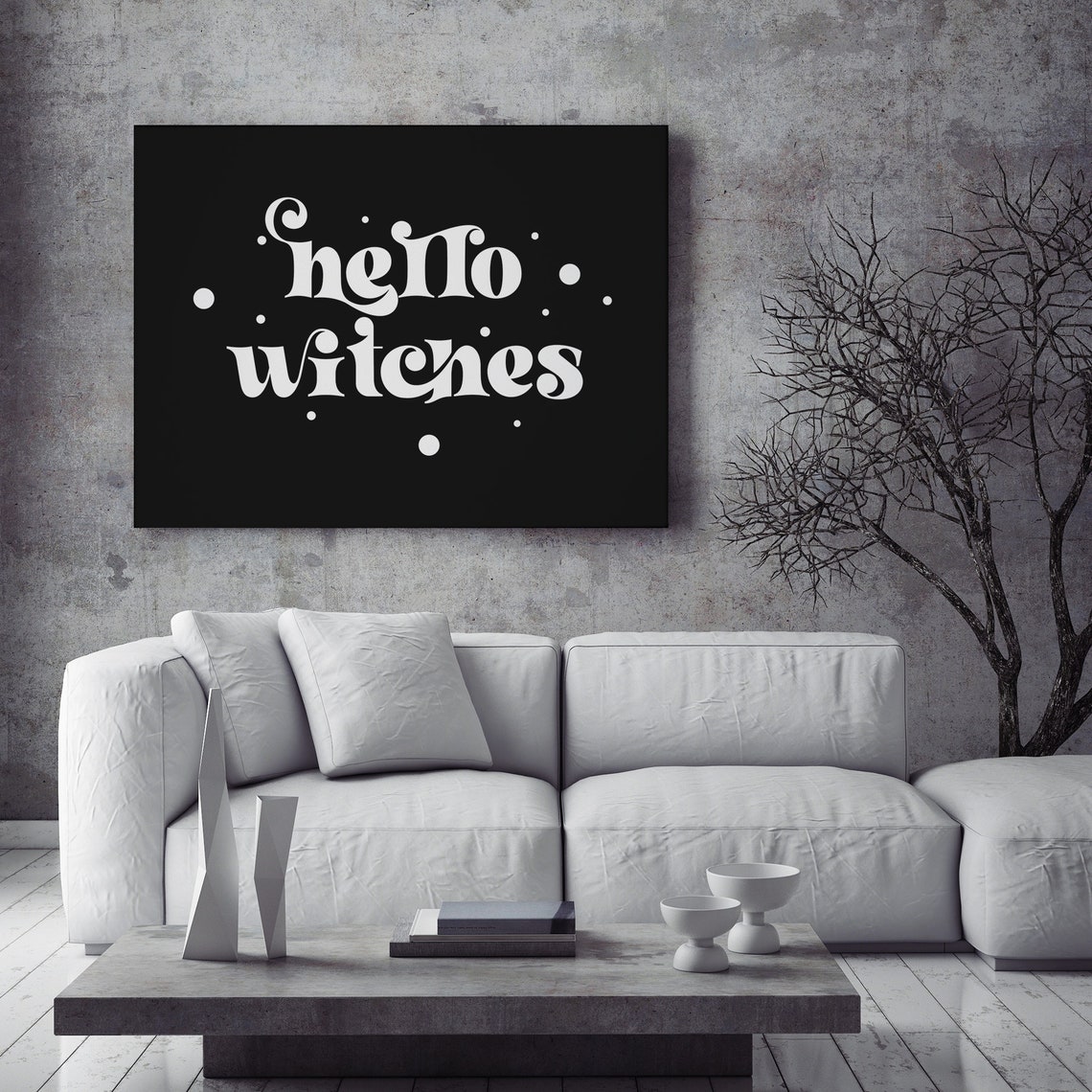 Hello Witches Retro White Script Spooky Halloween Sign Wall Print - Image 2