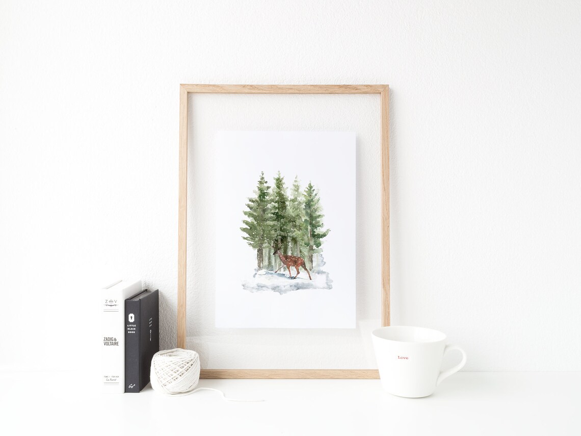 Deer in Snowy Forest Watercolor Winter Christmas Woodland Art Print - Image 4