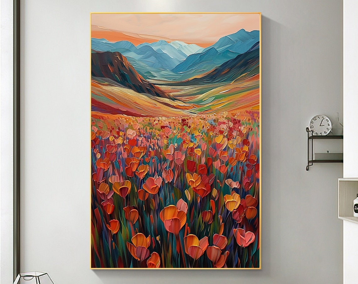 Sunset Glowing Over Red Tulip Fields Before Blue Peaks Poster