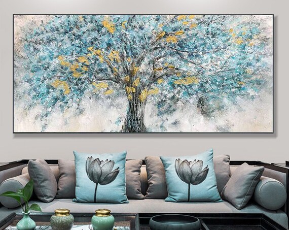 Gold Foil Blooming Banyan Tree Hand Painted Original Teal Tree Abstract Textured Landscape Modern Bedroom Large Wall Art Home Decor