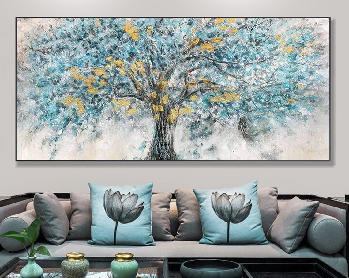 Gold Foil Blooming Banyan Tree Hand Painted Original Teal Tree Abstract Textured Landscape Modern Bedroom Large Wall Art Home Decor