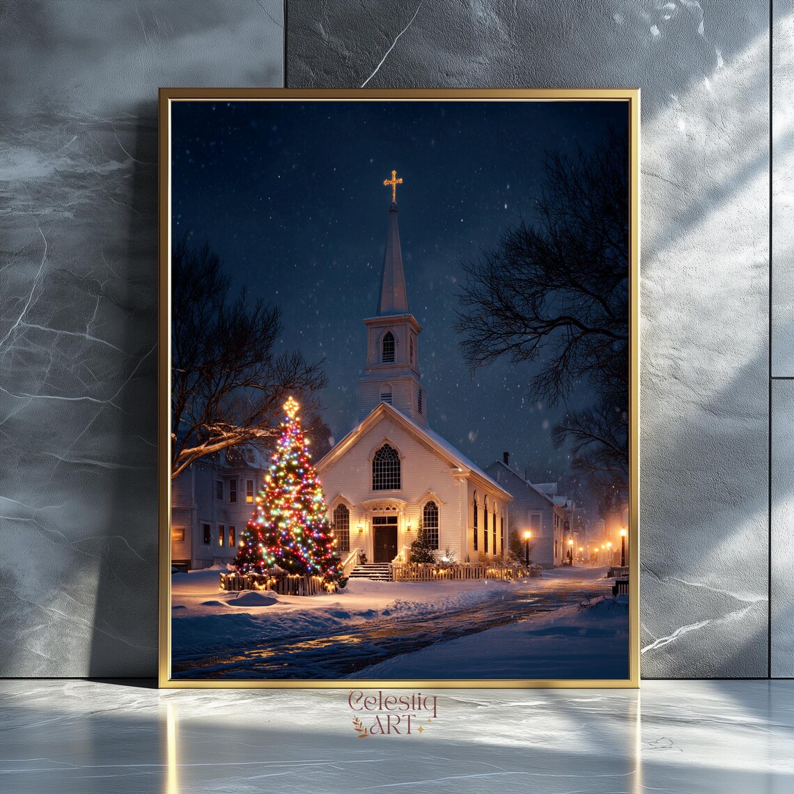 Snowy Church Christmas Tree Night Glowing Holiday Poster Art