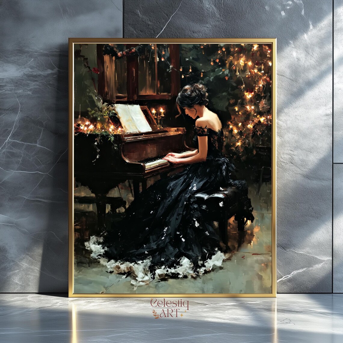 Elegant Woman Playing Grand Piano Christmas Oil Painting Poster