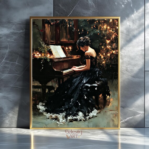 Elegant Woman Playing Grand Piano Christmas Oil Painting Poster