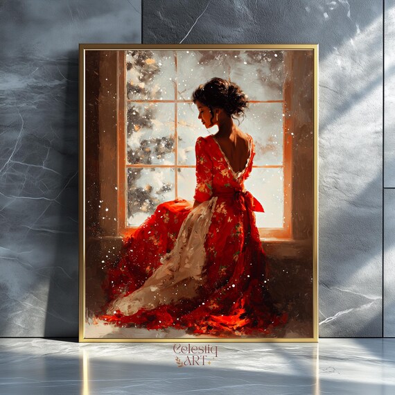 Victorian Woman Red Dress Snowy Window Winter Romance Art Poster