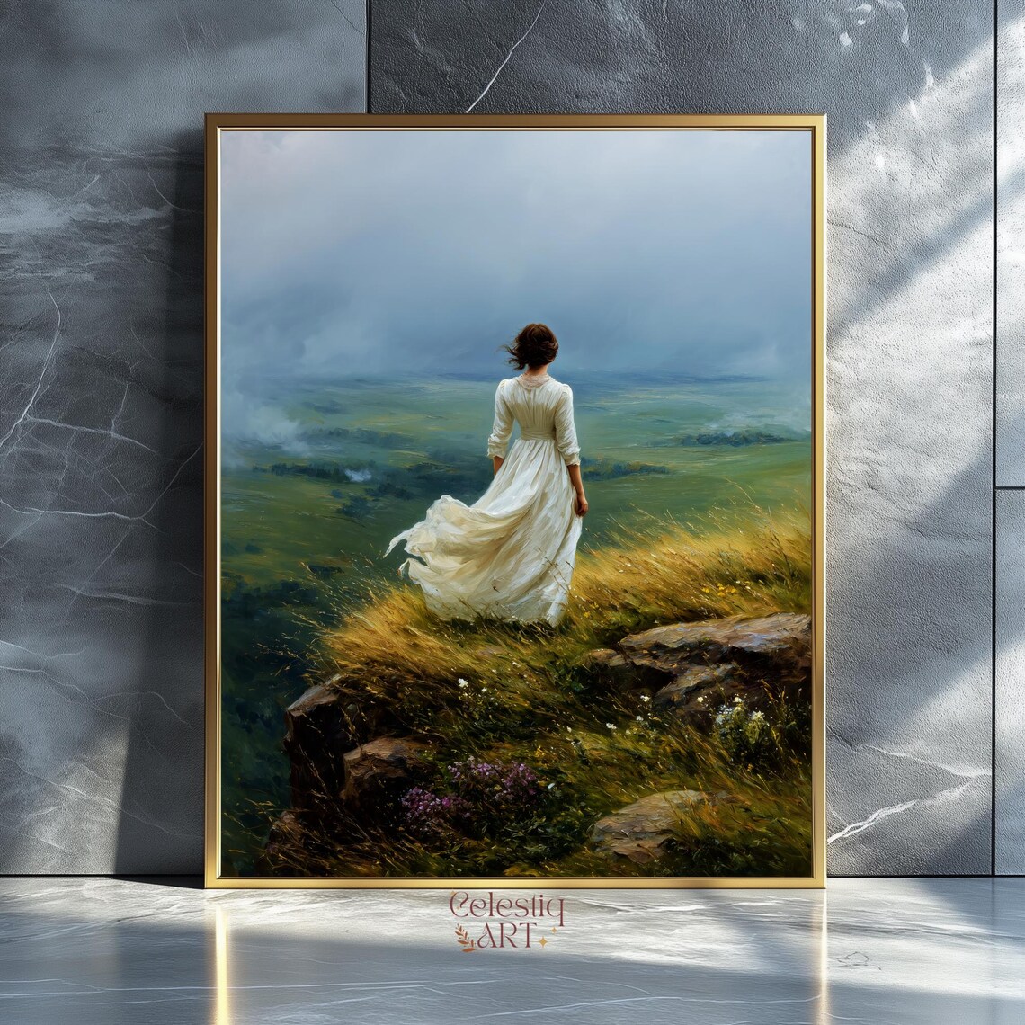 Woman in White Dress Windswept Hilltop Romantic Painting Poster